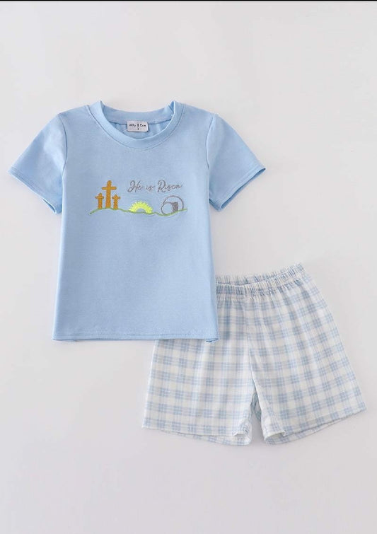 Boy's Boutique Blue Easter Cross He Is Risen Applique Gingham 2 Piece Outfit Set Matching Sibling