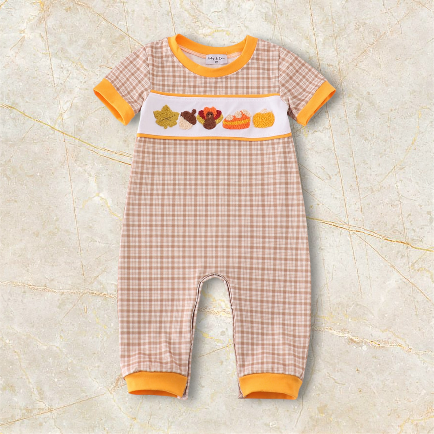 Abby & Evie Boy's Boutique Brown Plaid Turkey French Knot Embroidered Embroidery Thanksgiving Fall Boy Romper Outfit Matching Sibling