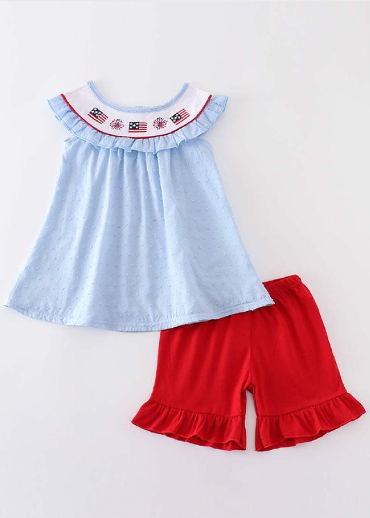 Girl's Boutique Patriotic Blue Swiss Dot Flag Two Piece Short Set Embroidery Embroidered 4th of July Sibling Matching
