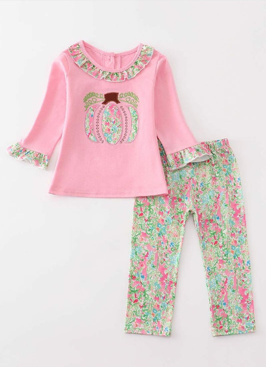 Girl's Boutique Pink Floral Pumpkin Applique Embroidered Embroidery Thanksgiving Fall Set Outfit Matching Sibling