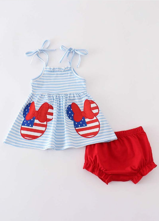 Girl's Boutique Patriotic Mouse Character Flag Red And Blue 2 Piece Bloomer Set 4th of July Sibling Matching