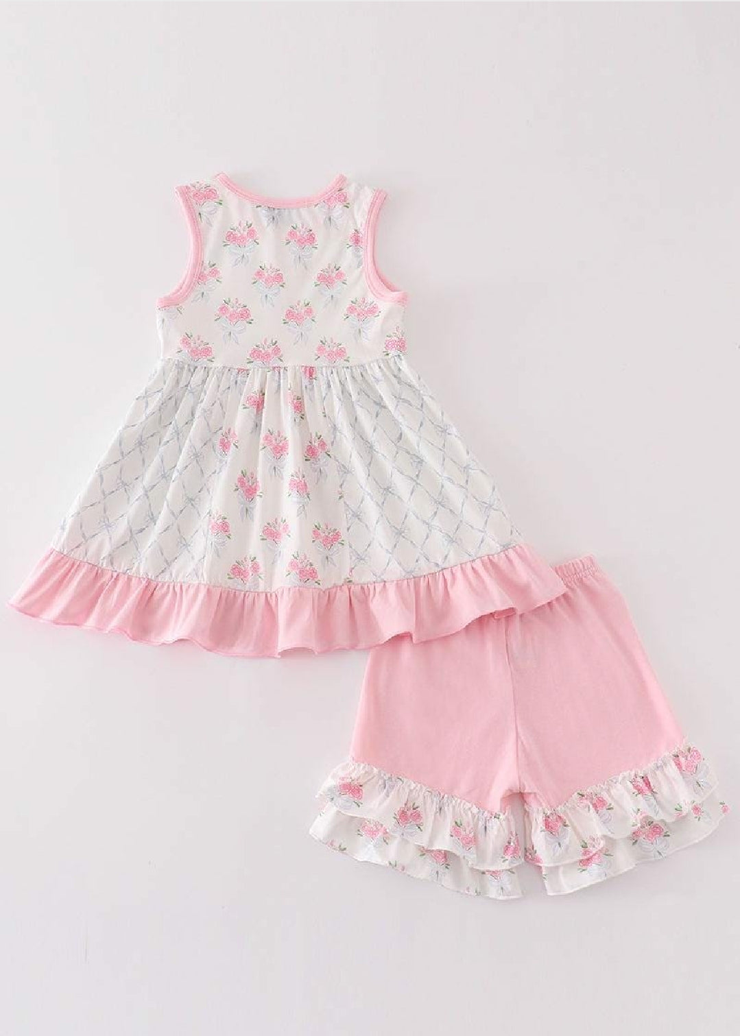 Girl's Boutique Pink Floral Bow Tie Print Ruffle 2 Piece Set Sibling Matching