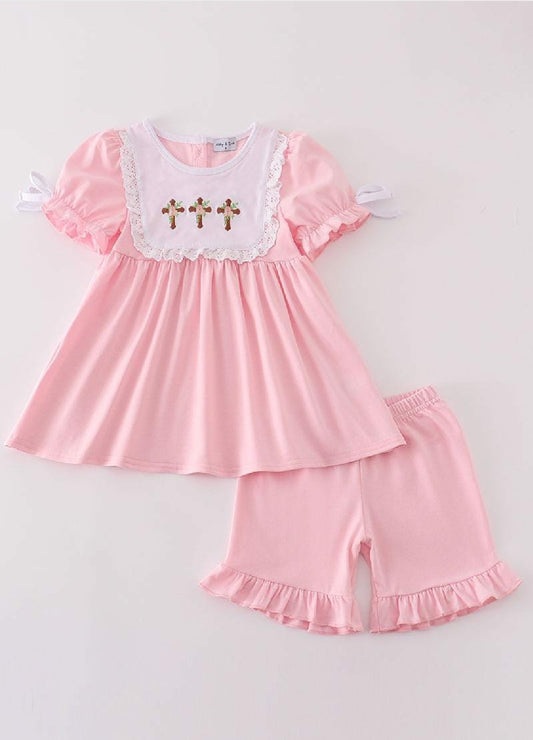 Girl's Boutique Pink Easter Cross Lace Girl Embroidered Embroidery Two Piece Set Outfit Matching Sibling