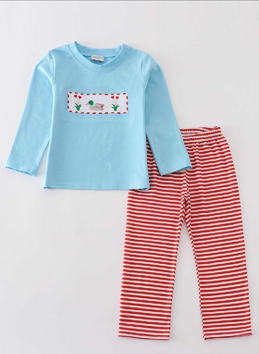 Boys Boutique Valentine's Day Heart Duck Embroidery Embroidered 2 Piece Pant Set Outfit Matching Sibling