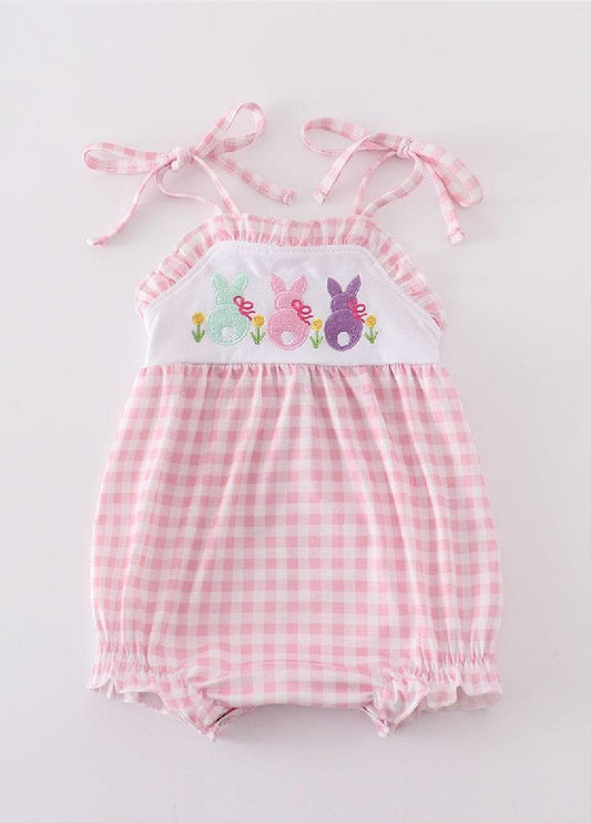 Girl's Easter Boutique Pink Bunny Gingham Bubble Romper Sibling Matching Embroidered Embroidery