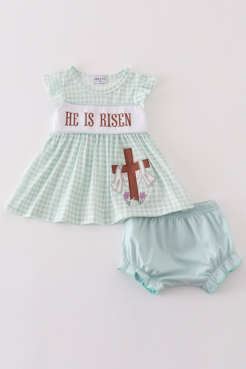 Abby & Evie Girl's Boutique Easter He Is Risen Applique Embroidered Embroidery Two Piece Bloomer Set Outfit Matching Sibling