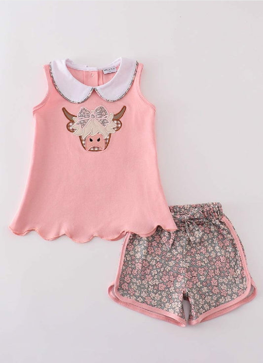 Girl's Boutique Pink Highland Cow Applique Embroidered Embroidery Short Set Outfit Matching Sibling