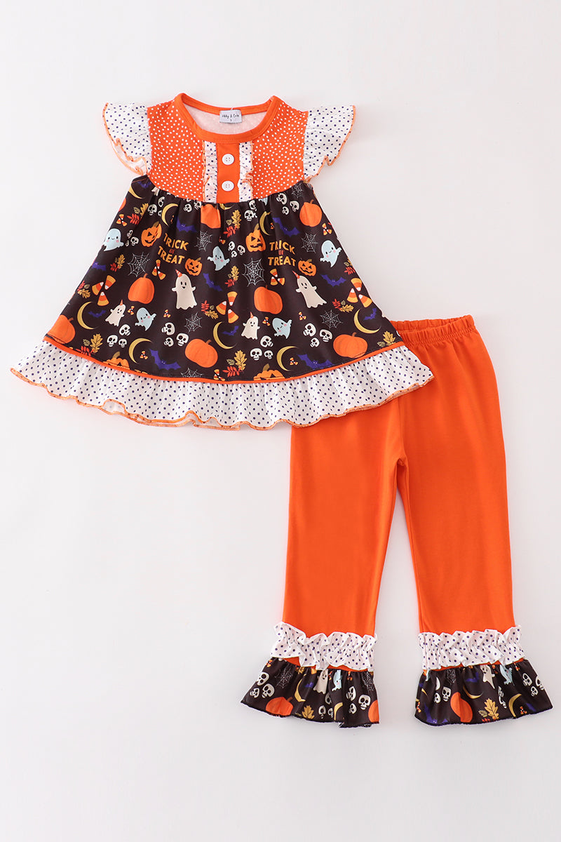 Abby & Evie Girl's Boutique Orange Trick Or Treat Halloween Candy Corn 2 Two Piece Set Sibling Matching