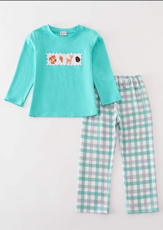 Boy's Boutique Teal Floral Print Forest Animal Embroidered Embroidery Baby Toddler 2PC Set Matching Sibling
