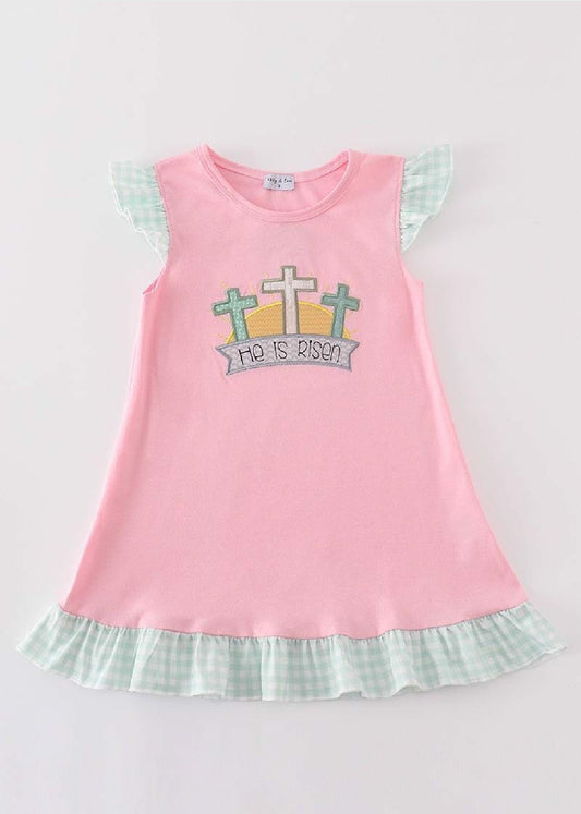 Girl's Boutique Easter Pink He Is Risen Applique Embroidered Embroidery Dress Matching Sibling