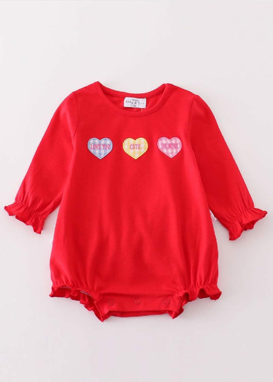Girl's Boutique Premium Red Valentine Heart Applique Embroidery Embroidered Romper Matching Sibling