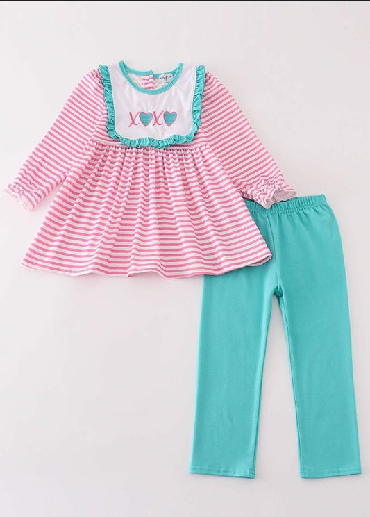 Girl's Boutique Pink Stripe Valentine Heart XOXO Embroidery Embroidered Pant Set Matching Sibling