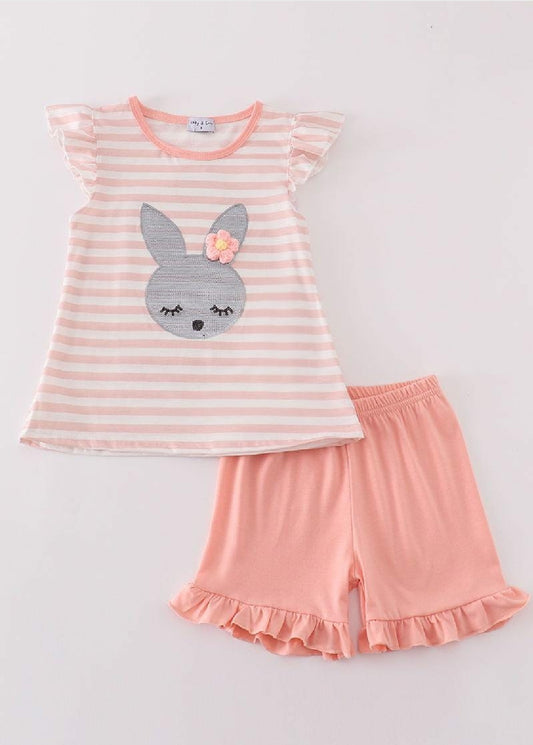 Girl's Boutique Pink Easter Bunny Sequin Girl Embroidered Embroidery Short Set Matching Sibling