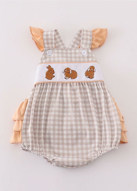 Girl's Boutique Easter Tan Bunny Bunnies Applique Embroidered Embroidery Ruffle Romper Outfit Matching Sibling