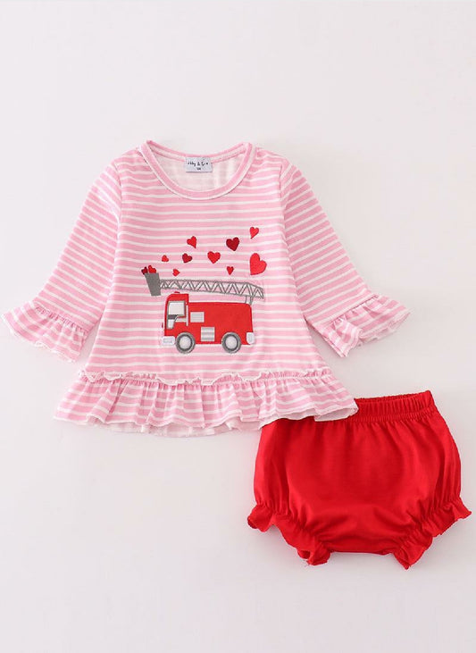 Girl's Boutique Pink Fire Truck Heart Applique Bloomer Set Embroidery Embroidered Matching Sibling