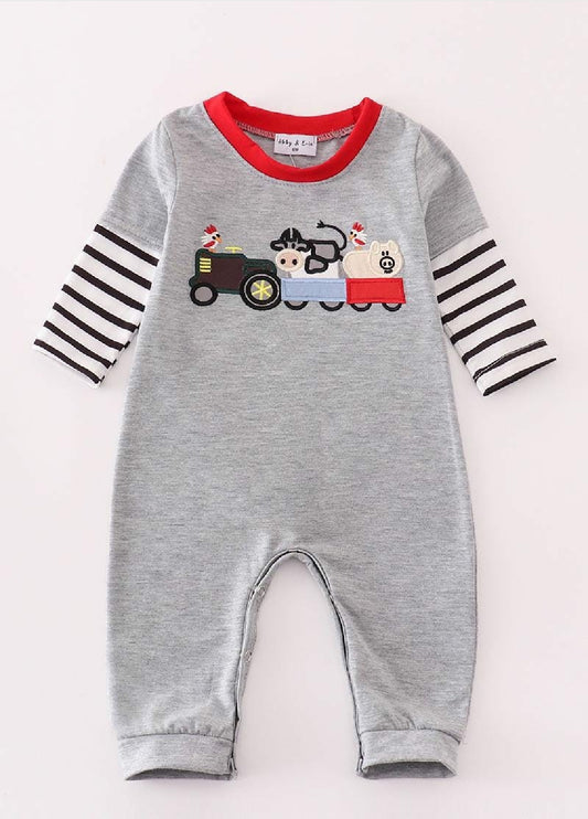 Boy's Boutique Gray Farm Farmer Cow Barn Embroidered Embroidery Romper Outfit Matching Sibling