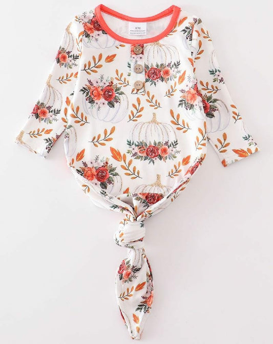 Girl's Boutique Orange Floral Pumpkin Fall Print Bamboo Baby Knot One Piece Outfit