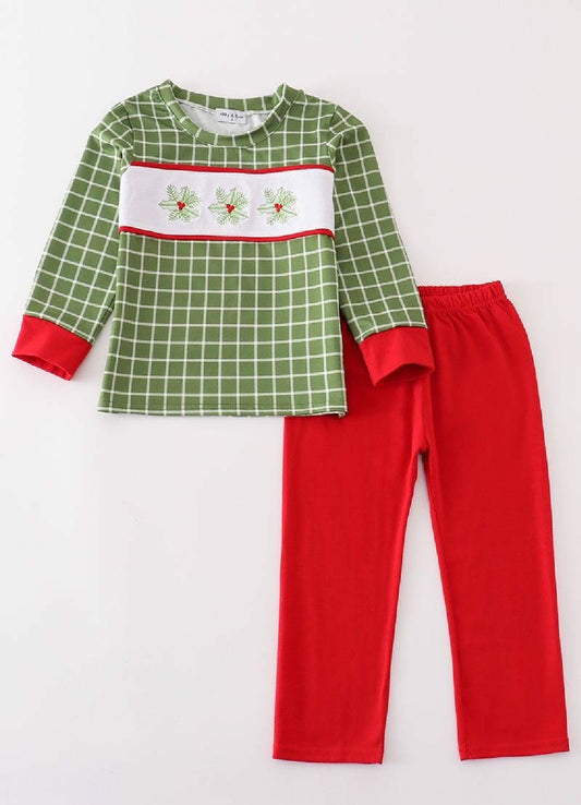 Boy's Boutique Christmas Green Holly Plaid Embroidery Embroidered 2 Piece Pant Set Outfit Matching Sibling