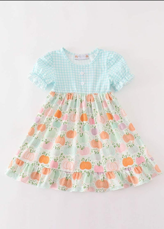 Girl's Boutique Cotton Pumpkin Blue Plaid Embroidered Ruffle Dress Matching Sibling