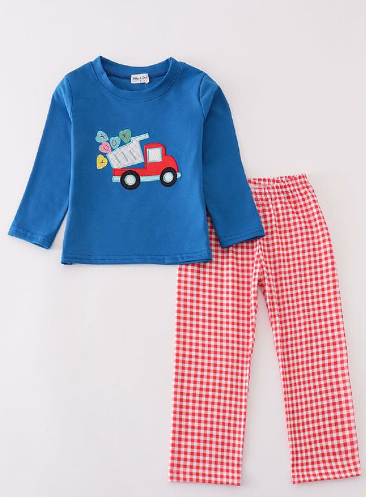 Boys Boutique Valentine's Day Heart Blue Truck Embroidery Embroidered 2 Piece Pant Set Outfit Matching Sibling
