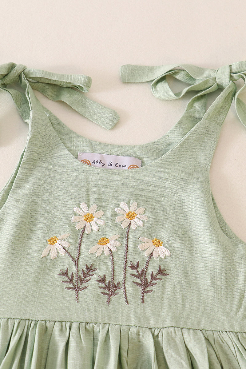 Petal & Pine Girl's Boutique Sage Green Floral Embroidered Linen Ruffle Dress Matching Sibling