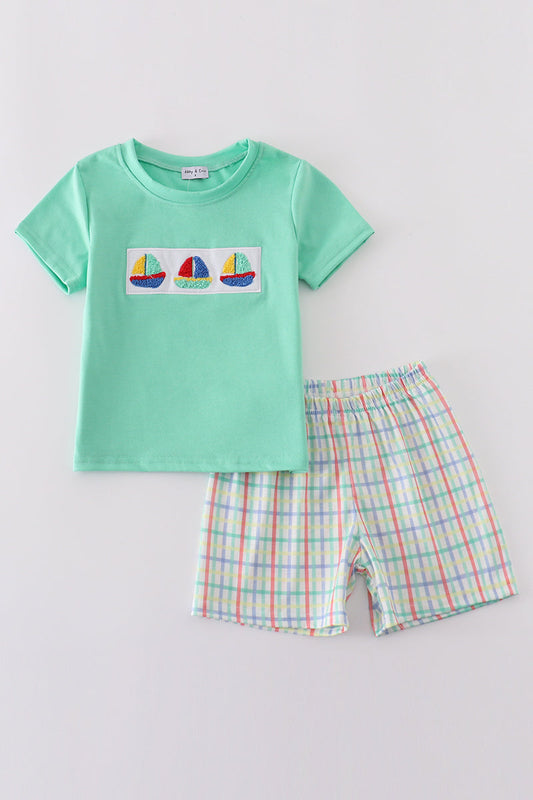 Boy's Boutique Green Sailboat French Knot Shirt Shorts 2 Piece Set Sibling Matching Summer Cruise Trip