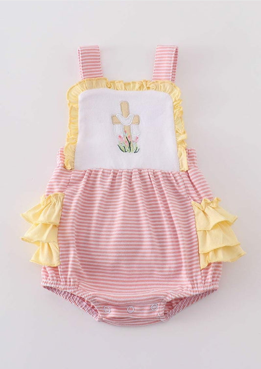 Girl's Boutique Premium Pink Easter Cross Girl Embroidered Embroidery Ruffle Bubble Romper Matching Sibling