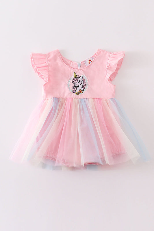 Girl's Boutique Rainbow Unicorn Ruffle Embroidered Bubble Romper Dress