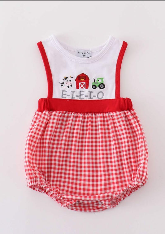 Boy's Boutique Red Farm E-I-E-I-O Applique Checkered Embroidered Embroidery Romper Outfit Matching Sibling