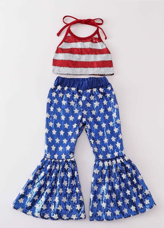 Girl's Boutique Patriotic Star Sequin Summer 2 Piece Set Outfit 4th Of July Dance Cheer