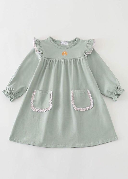 Girl's Boutique Premium Cotton Green Turkey Embroidered Embroidery Pocket Dress Matching Sibling