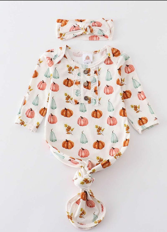 Girl's Boutique Pumpkin Print Bamboo Baby Knot One Piece Outfit And Matching Headband