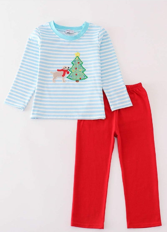 Boy's Boutique Cotton Christmas Blue Stripe Puppy Christmas Tree Applique Two Piece Set Sibling Matching