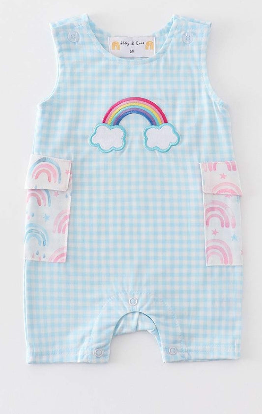 Boy's or Girl's Boutique Premium Blue Rainbow Embroidered Jon Jon Romper Matching Sibling