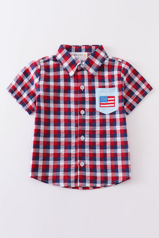 Boy's Boutique Premium Patriotic Plaid Flag Button Down Top Shirt 4th of July Sibling Matching