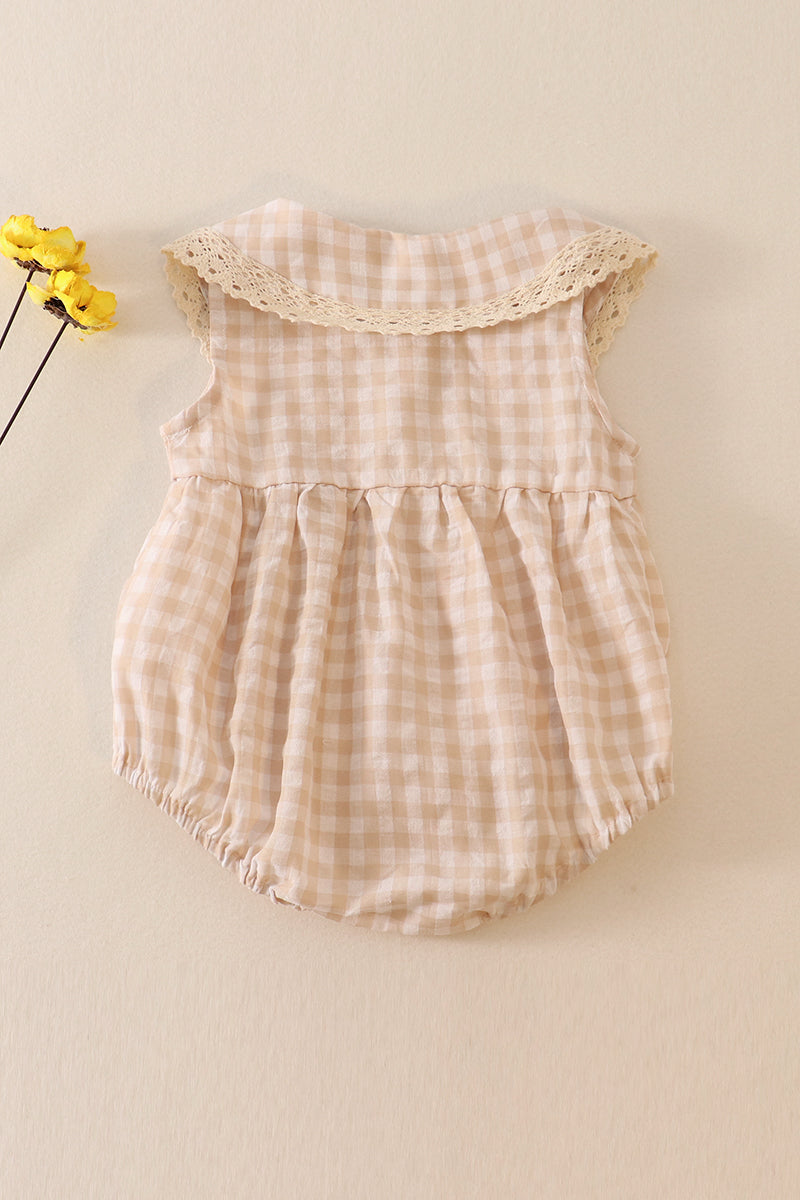 Girl's Boutique Cream Plaid Linen Button Down Checkered Flannel Lace Bubble Romper Matching Sibling