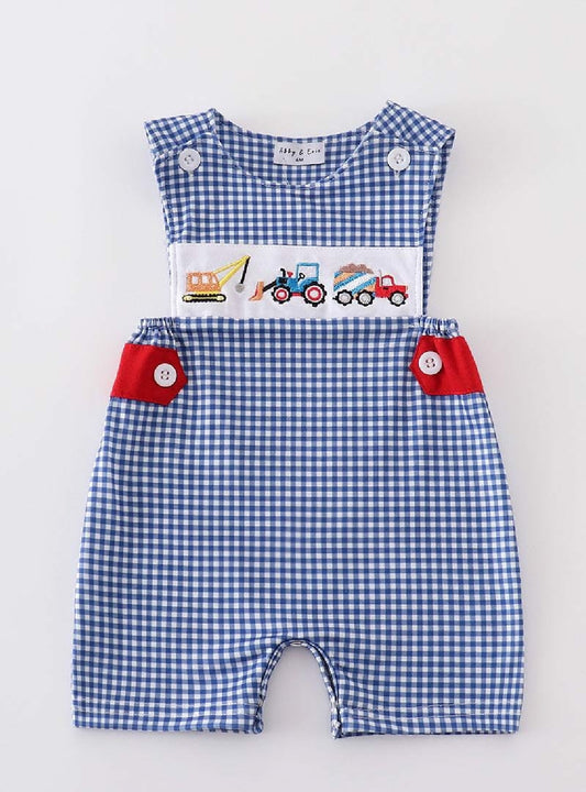 Boy's Boutique Blue Vehicle Truck Construction JonJon Romper Sibling Matching Summer Plaid Embroidered Embroidery