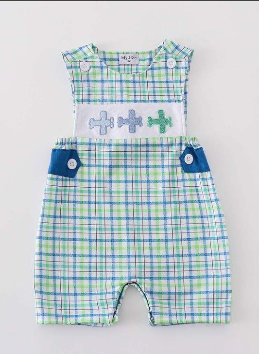 Boy's Boutique Blue Airplane Plaid JonJon Romper Sibling Matching Summer Plaid Embroidered Embroidery