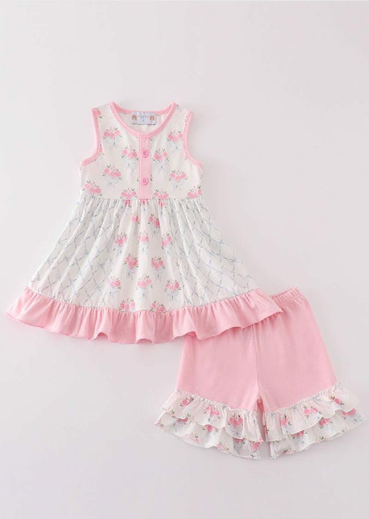 Girl's Boutique Pink Floral Bow Tie Print Ruffle 2 Piece Set Sibling Matching