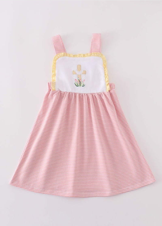 Girl's Boutique Premium Pink Easter Cross Girl Embroidered Embroidery Dress Matching Sibling