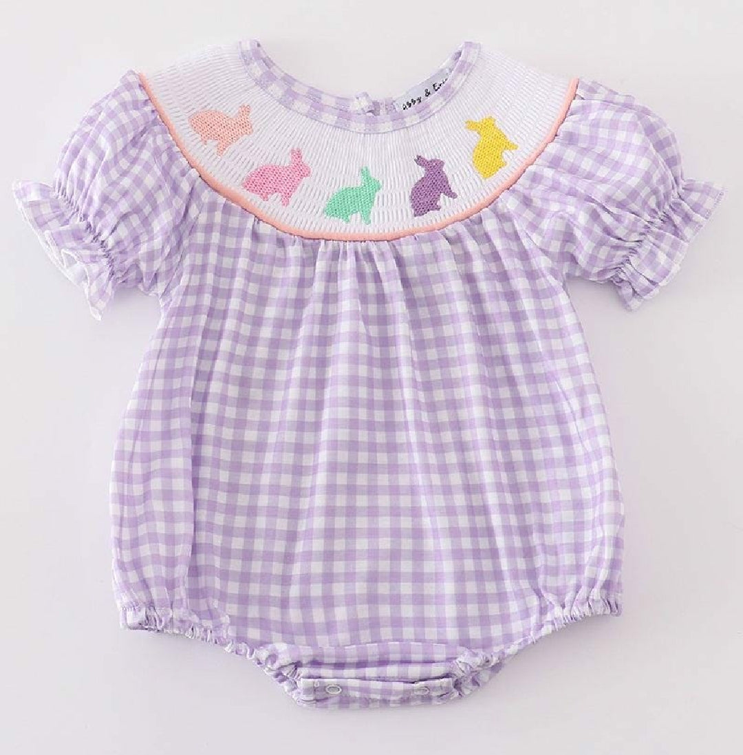 Girl's Boutique Purple Easter Bunny Smocked Embroidered Embroidery Bubble Romper Matching Sibling
