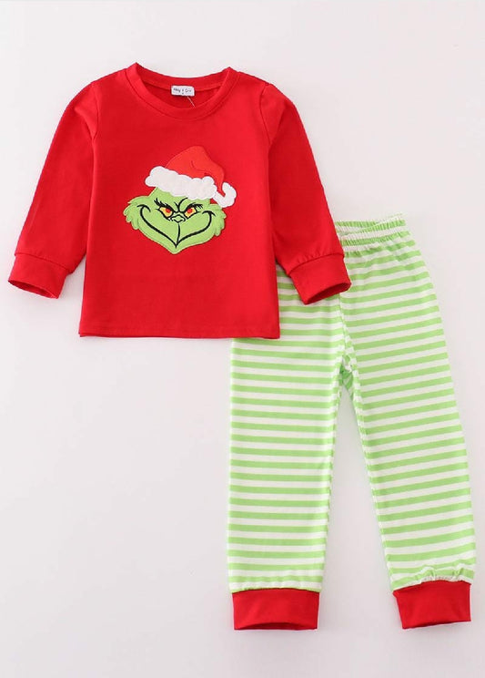 Boy's Boutique Cotton Christmas Green Stripe Green Man Character Applique Embroidered Embroidery Two Piece Set