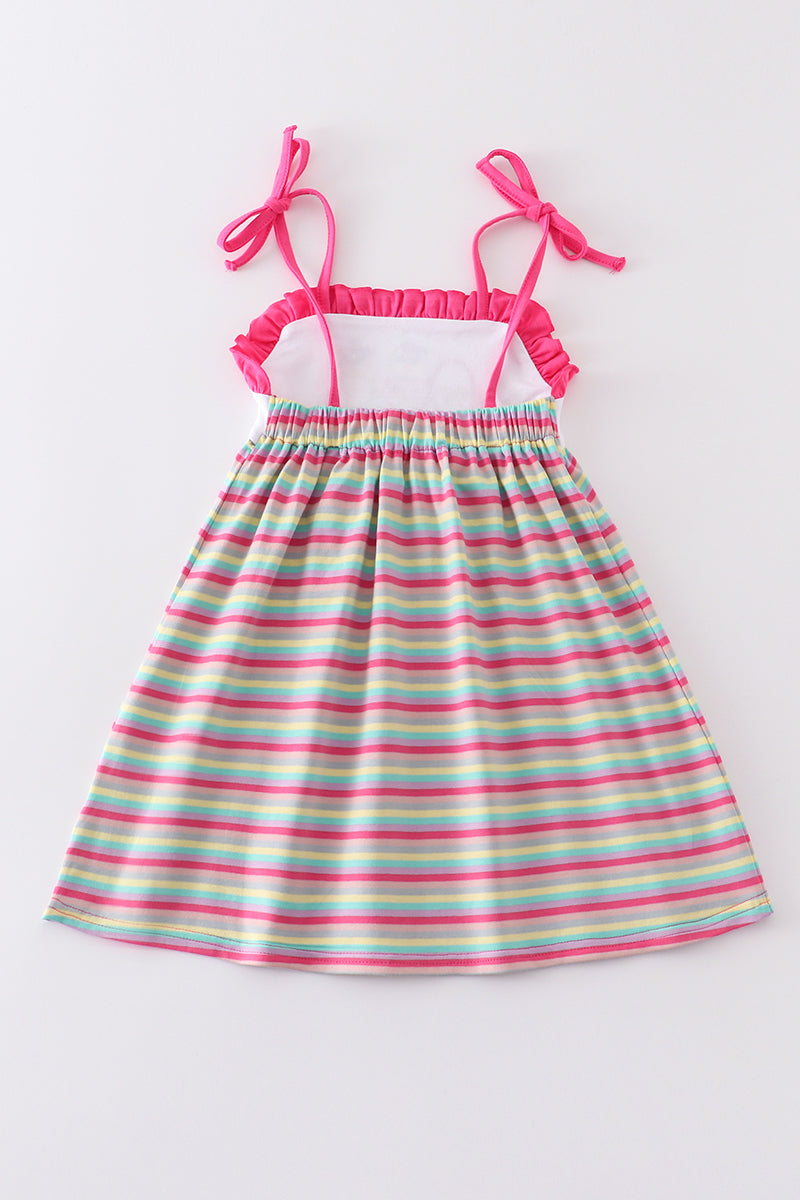 Premium Girl's Easter Egg Stripe Strap Dress Sibling Matching Embroidered Chick's Eggs