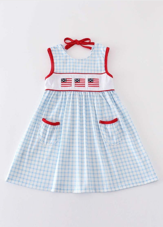 Girl's Boutique Patriotic Checkered Flag Red And Blue Pocket Dress Embroidery Embroidered 4th of July Sibling Matching