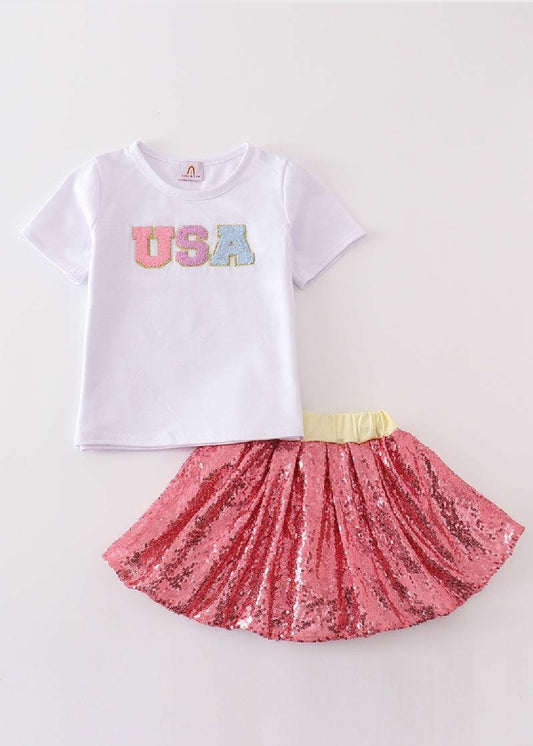 Girl's Boutique Patriotic Pink Sequin USA French Knot Dress Skort 2 Piece Set 4th of July Sibling Matching