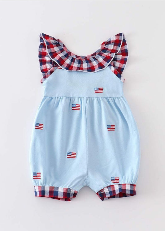 Girl's Boutique Premium Patriotic Plaid Flag Romper 4th of July Sibling Matching