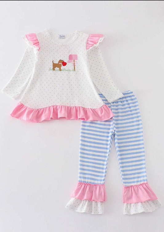 Girl's Boutique Pink Stripe Valentine Heart Puppy Embroidery Embroidered Romper Matching Sibling