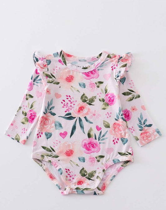 Girl's Boutique Pink Floral Print Bamboo Baby Bubble Romper One Piece Outfit