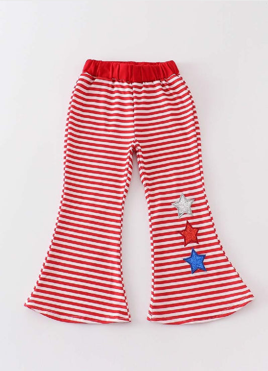 Girl's Boutique Patriotic Flag And Stars Sequin Bell Bottom Pants 4th Of July Matching Sibling