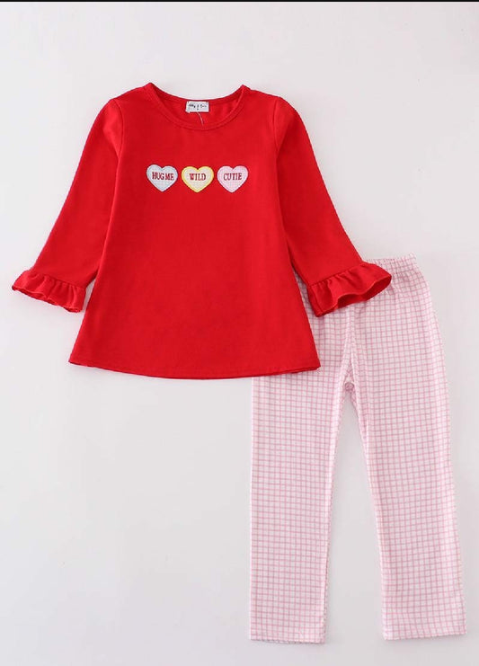 Girl's Boutique Premium Red Valentine Heart Applique Embroidery Embroidered Two Piece Pant Set Outfit Matching Sibling
